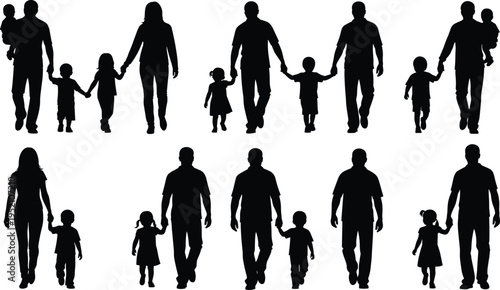 Family walking silhouettes collection, parents with children holding hands, happy family outdoor activity people illustration set