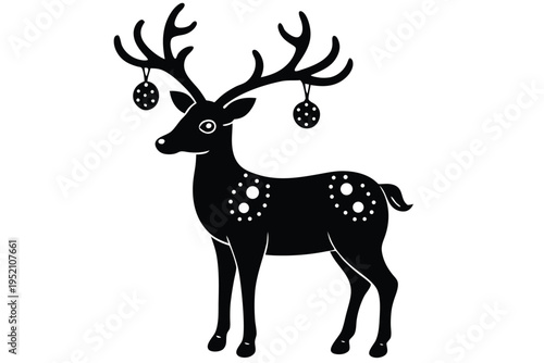 A black silhouette of a deer with christmas ornaments on its antlers isolated on transparent background, Vector