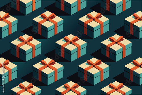 A pattern of gifts wrapped in brown paper and tied with orange ribbons isolated on transparent background, Vector