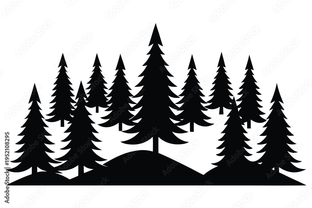Obraz premium A black silhouette of a forest of pine trees isolated on transparent background, Vector