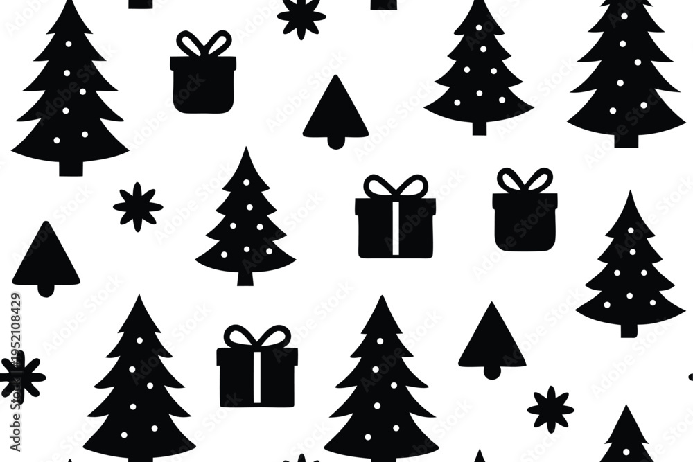 Obraz premium Black and white christmas tree pattern with gifts isolated on transparent background, Vector