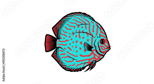 Vibrant blue fish with red fins and black stripes swims in a colorful ocean environment.