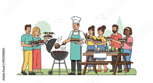 Diverse Friends and Family Enjoying a Backyard BBQ Party with Chef Grilling Burgers - Modern Flat Vector Illustration