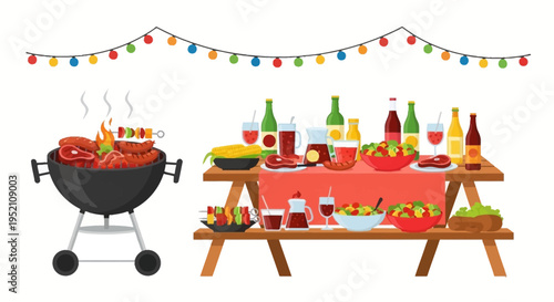 Outdoor Summer BBQ Party Illustration with Charcoal Grill, Picnic Table, Fresh Food, and Drinks. Festive Backyard Cookout Vector Design Isolated on White Background.