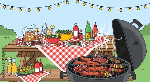 Colorful Backyard Barbecue Illustration with Grill, Picnic Table, and Summer Food