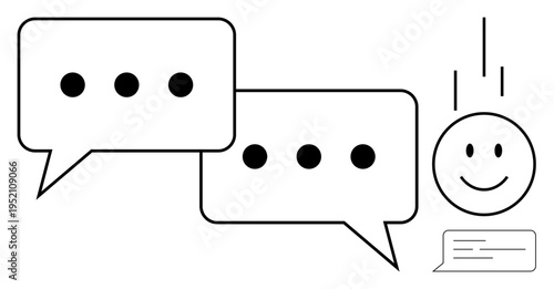 Communication concept. Communication with speech bubbles, a smiling face, and a message box outline. Communication for chatting, messaging apps, social media, discussion, and interaction