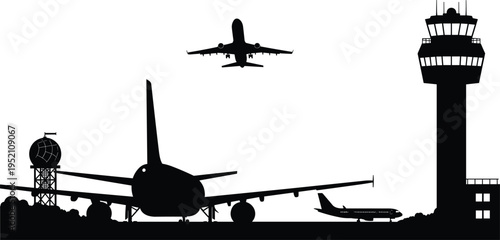 airport silhouette with airplanes and control tower, aviation travel scene, passenger aircraft landing takeoff, air traffic concept, transportation background illustration