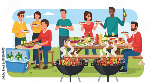 Diverse Friends Group Enjoying Backyard BBQ Party with Grilled Skewers, Salads, and Cold Drinks Vector Illustration