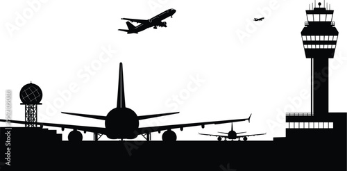 airport silhouette with airplanes, air traffic control tower, aviation travel scene, passenger aircraft landing and takeoff, transportation concept background illustration