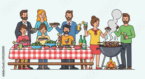 Friends and Family Enjoying Backyard BBQ Party with Grilling Food and Drinks Flat Vector Illustration