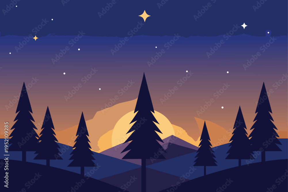 Fototapeta premium A serene landscape with trees and stars isolated on transparent background, Vector
