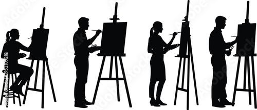 Artist painter silhouette set painting on canvas with easel creative people drawing artwork isolated black illustration collection