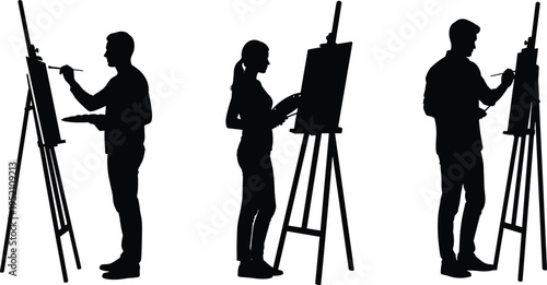 Artist painter silhouette painting on canvas with easel creative people drawing artwork isolated black illustration art studio concept