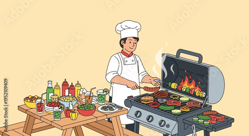 Professional Male Chef Grilling BBQ Meat and Vegetables on Gas Grill for Outdoor Summer Picnic Party Illustration