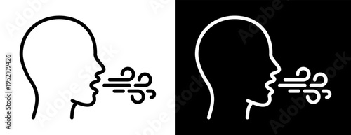 Breathing outline icon with human head profile and airflow lines. Respiratory symbol showing inhale, exhale or breathing difficulty. Health, air quality and medical concept. 