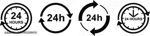 Twenty four hour service icons set with circular arrows and clock symbols in minimal black vector design for business availability concepts