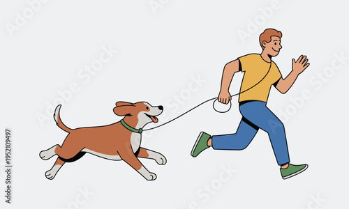 Happy man running with dog on leash. active pet owner & canine companion outdoor exercise illustration