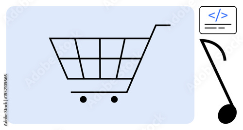 E-commerce, technology, creativity, music, online shopping, and coding. A shopping cart, coding interface and musical note symbols displayed on a light background. E-commerce and technology concepts