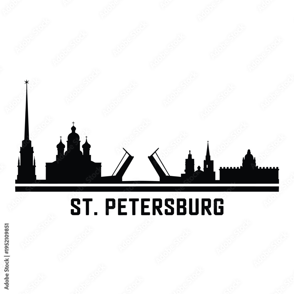 Fototapeta premium Silhouette of st petersburg skyline with prominent landmarks and text