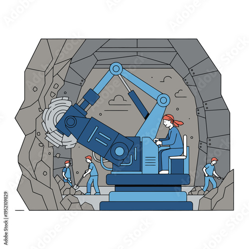 Mining Robot Excavating Rock with Human Operators.