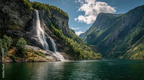 Scandinavian fjords with fjord coastal headland fjord waterfalls bright scandinavian summer