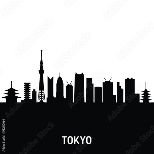 A striking black silhouette of the tokyo skyline against a white background