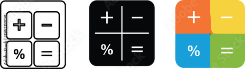 Calculator app icon set in outline glyph and flat style for finance math mobile interface design