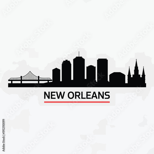 New orleans skyline silhouette with bridge and city name typography