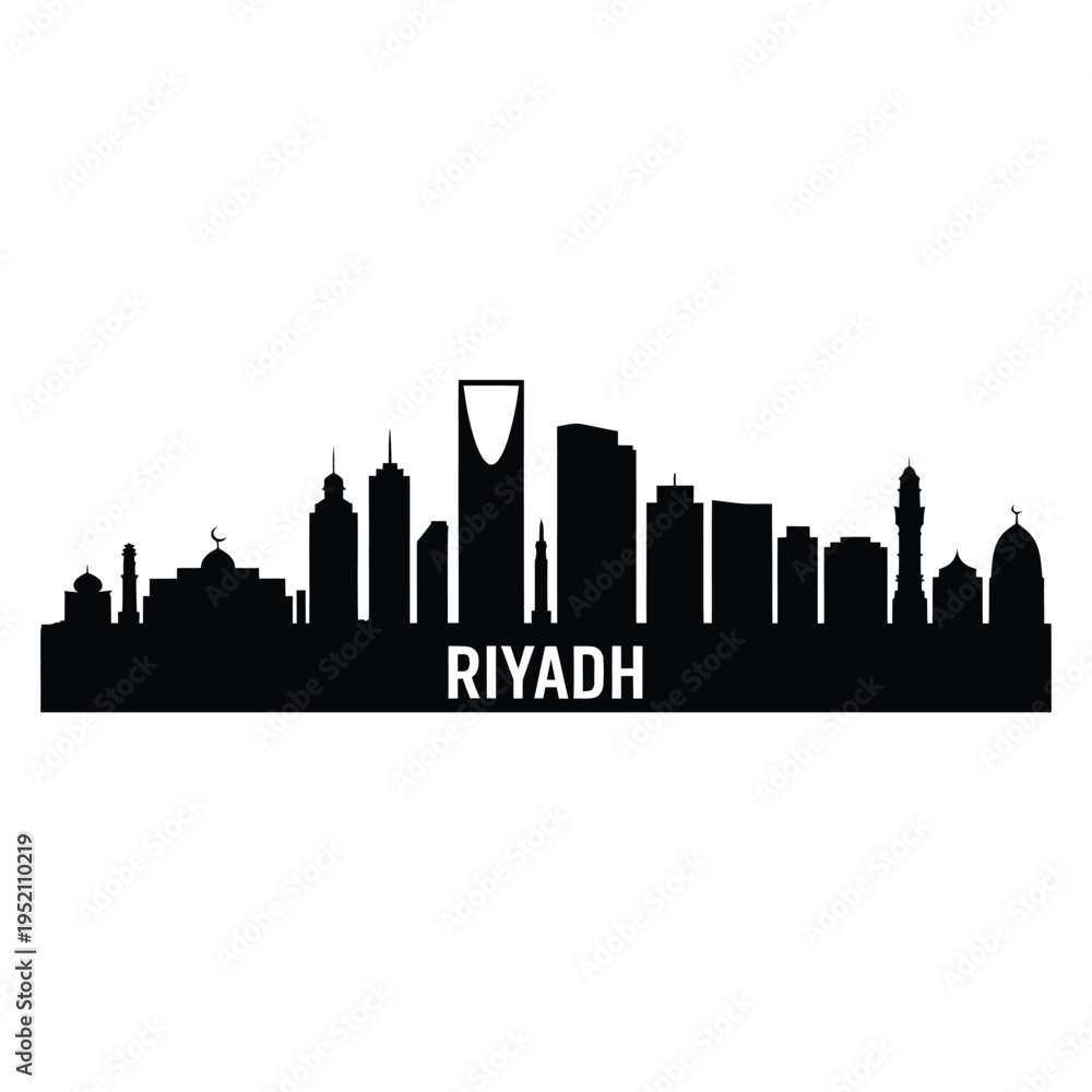 Fototapeta premium Silhouetted skyline of riyadh saudi arabia with city name text