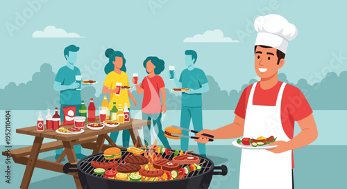 Summer Outdoor Barbecue Party Illustration with Chef Grilling Food for Friends at Picnic Table