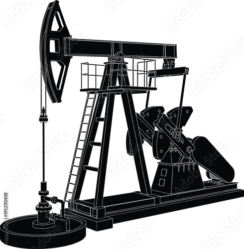 Oil pump jack silhouette illustration, petroleum extraction equipment in oilfield industry, energy production machine isolated vector design