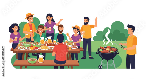 Group of Friends Having a BBQ Party in the Garden Vector Illustration. People Eating and Drinking at a Summer Outdoor Picnic with Charcoal Grill.