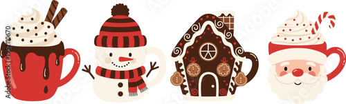 Christmas hot chocolate mugs with gingerbread house snowman and santa festive winter drink vector illustration set