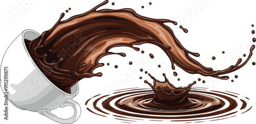 Chocolate splash pouring from cup with dynamic liquid motion dessert drink vector illustration