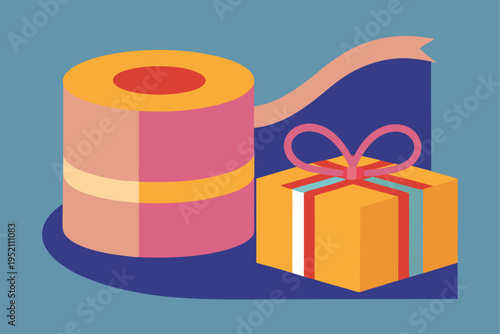 A roll of colorful wrapping paper and a gift box isolated on transparent background, Vector