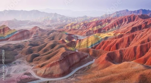 Vibrant Rainbow Mountains Landscape Aerial View Dramatic Rock Formations Geological Wonder
