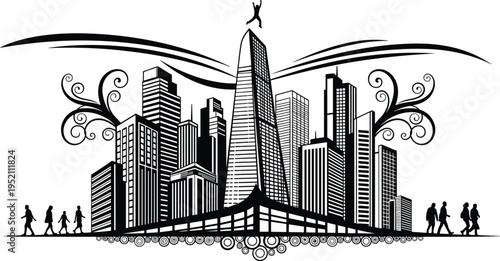 Black and white illustration of modern city skyline with skyscrapers, dynamic patterns, and human silhouettes, symbolizing urban life, architecture, ambition, freedom, and creative artwork projects