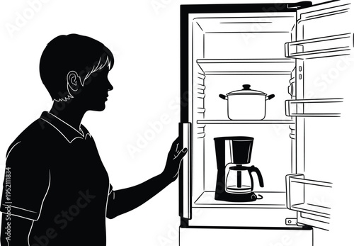 Black and white illustration of person opening refrigerator with unusual contents including cooking pot and drip coffee maker, highlighting humorous, unconventional kitchen storage and c