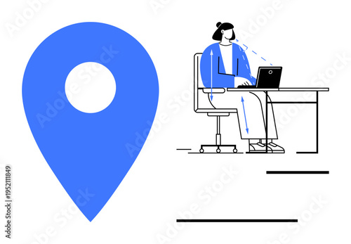 Location tracking. A blue map pin highlights location tracking in digital interaction. A person works at a desk on a laptop, emphasizing geolocation technology. Perfect for tech, navigation
