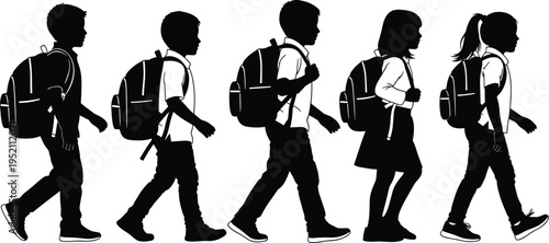 Black and white silhouette illustration of school children walking in line with backpacks, wearing uniforms, representing education, childhood routine, learning, and academic journey themes.
