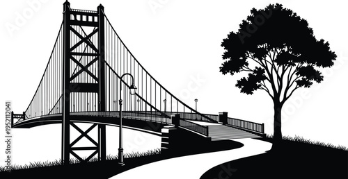 Black and white silhouette illustration of suspension bridge with towers, cables, street lamps, pathway, and tree, serene architectural landscape design for park environment and nature themes.