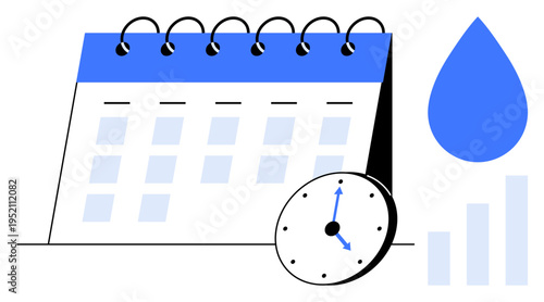 Time management concept. Calendar, clock, and data elements time tracking and organization. Time management for productivity, scheduling, analytics, and business planning. Usage include business