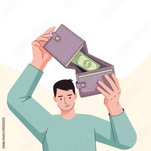 Man holding an empty wallet with only one dollar bill left, symbolizing financial struggles and economic hardship.