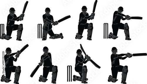Black silhouette illustration of cricket batsman in multiple batting poses with protective gear, helmet, gloves, pads, and stumps, sports artwork for training and design projects.