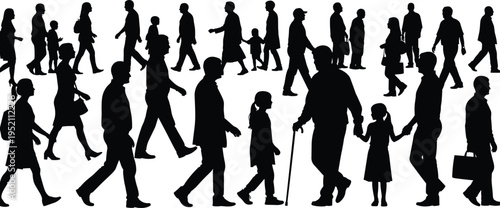 Black silhouette illustration of diverse group of people walking in various directions, symbolizing urban life, human movement, social interaction, commuting, and creative artwork projects