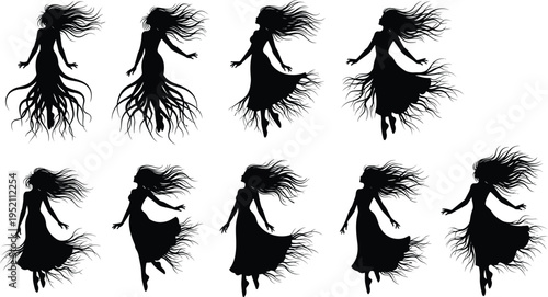 Black silhouette illustration of eight female figures with flowing hair and dresses, floating or dancing in dynamic poses, artistic fantasy design for creative projects.