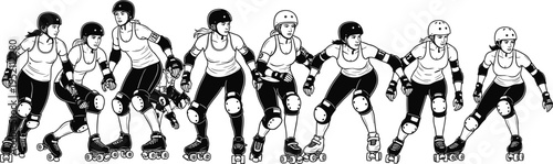 Black silhouette illustration of eight women roller skating with protective gear including helmets, pads, and wrist guards, artwork concept for roller derby, sport, fitness, and design projects