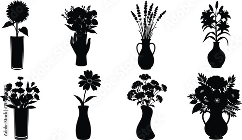 Black silhouette illustration of eight unique flower arrangements in decorative vases, artwork concept for floral design, home decoration, botanical art, nature, and creative projects