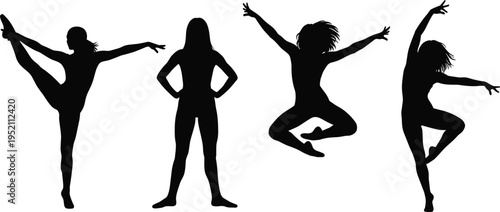Black silhouette illustration of four dancers in expressive poses including leap, extension, and graceful stance, symbolizing dance, performance, movement, creativity, and artistic design projects