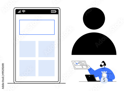 Online identity, fraud protection, financial security, identity verification, data authentication, money transactions. Smartphone interface, user profile silhouette person managing finances. Online